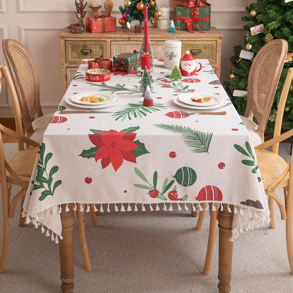 Festive Christmas Table Runner Cotton Blend Printed with Floral Fringe Decorative Dining Cover