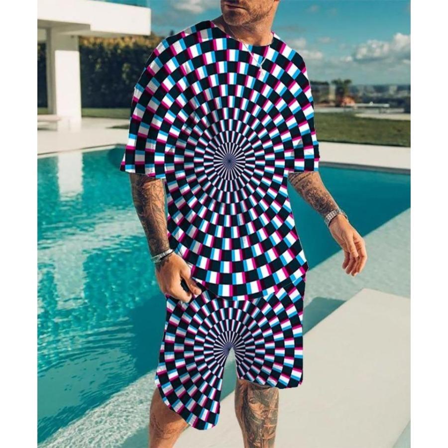 2024 New Men's Round Neck T-shirt Set Printing Optical Illusion Pattern T-shirt Two Piece Set Fashion Men's Summer T-shirt Set