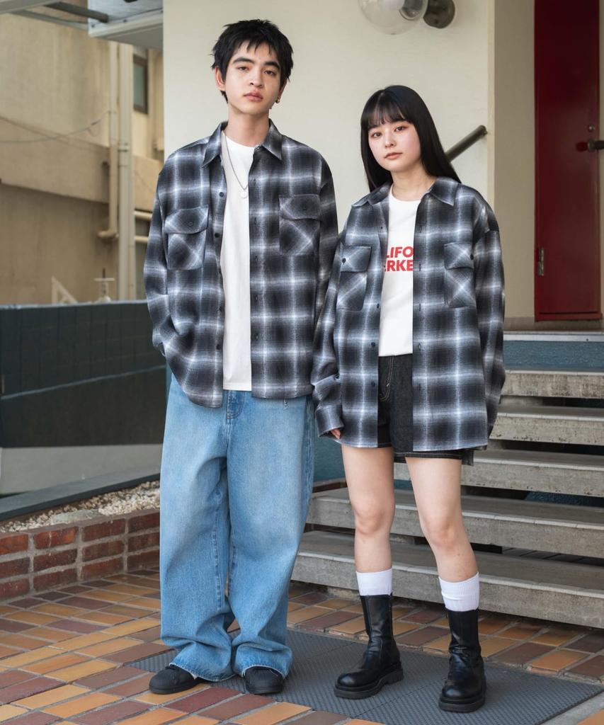 WEGO Unisex Ombre Check Flannel Long Checked Oversized Size Pattern 1 Shirt, Sleeve, Top, Autumn/Winter Clothing, Silhouette, Gift, Men's, L,