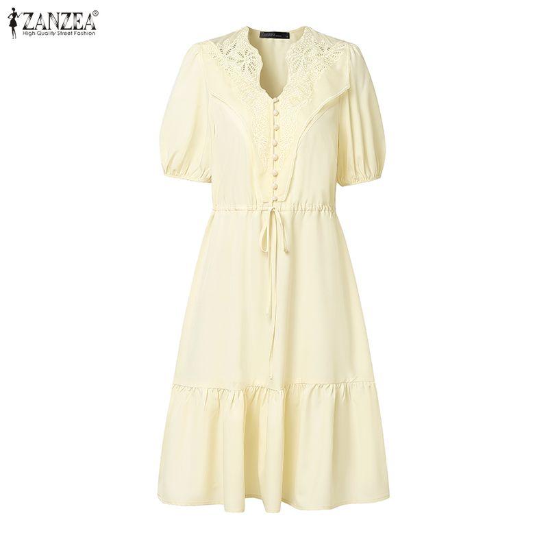 ZANZEA Women Lace Crochet Splice V-Neck Casual Short Sleeve Dress
