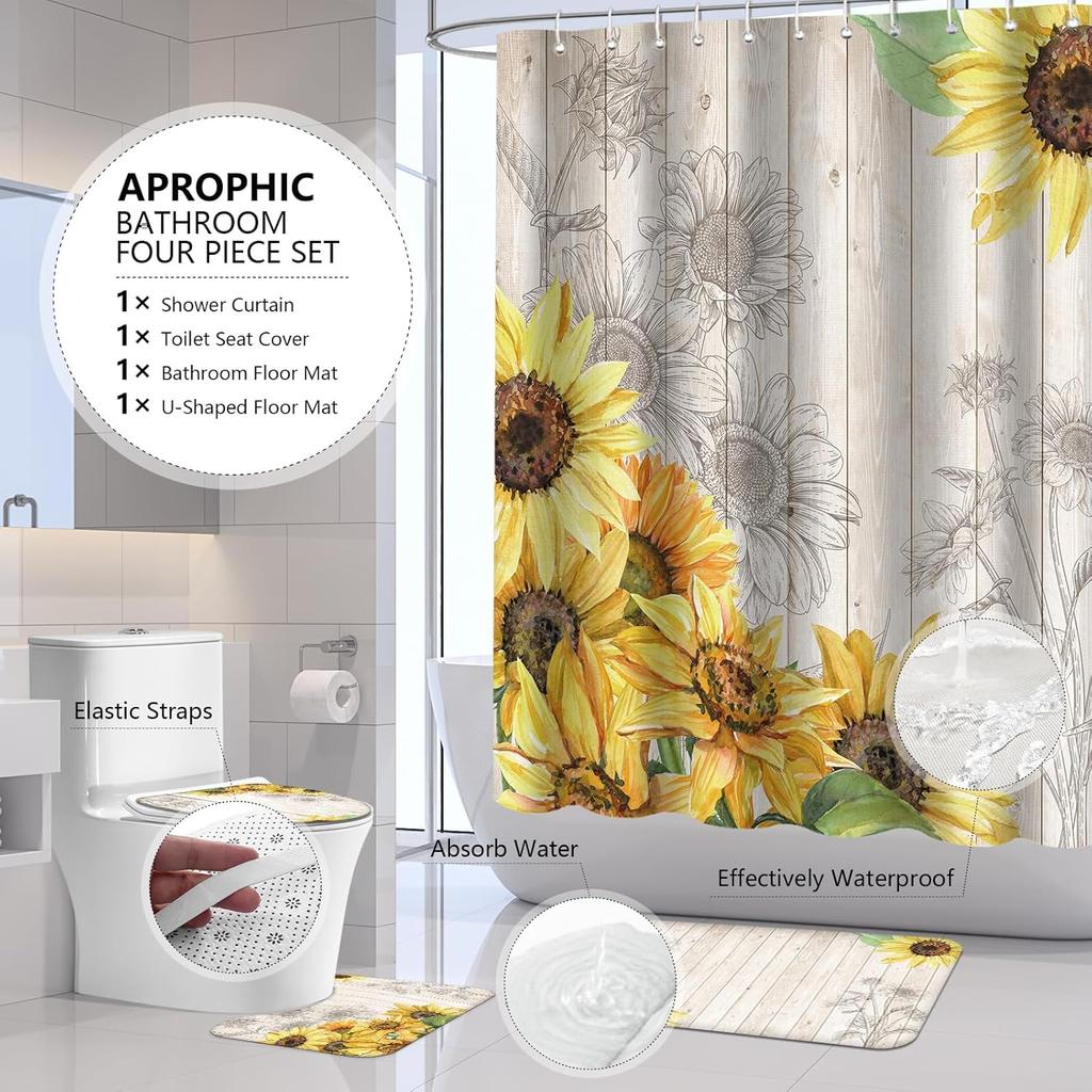 Sunflower Bathroom Sets with Shower Curtain and Rugs -Flower, 4-Piece Shower Curtain Sets with Rugs, Memory Foam Toilet Lid Cover, and Non-Slip