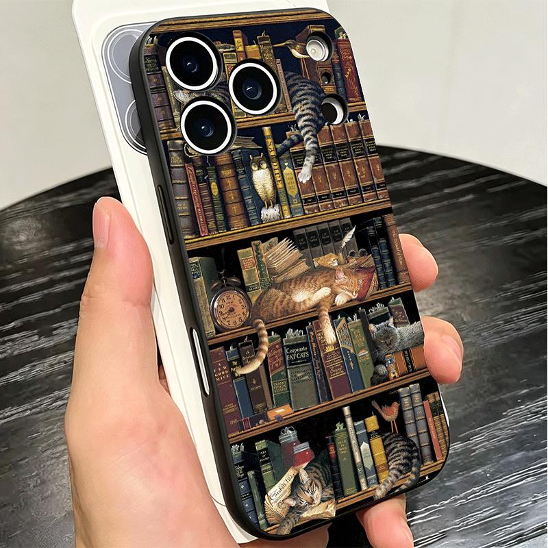Cute Cat Bookshelf Interesting Soft Phone Case for iPhone 16 16E 17 Air 15 Pro Max 14 Plus 13 Mini 11 12 7 Black Cover Back Shel