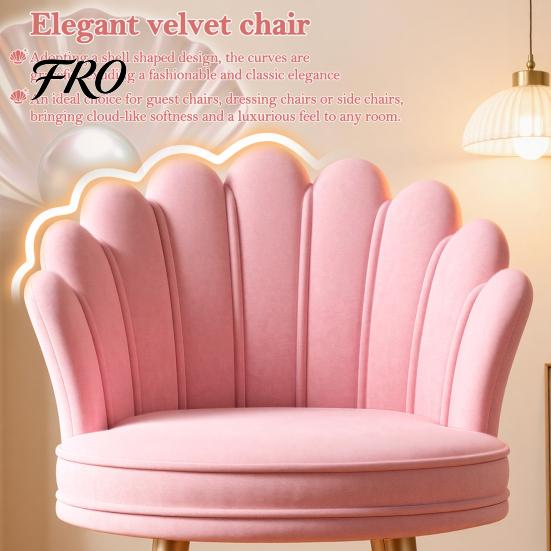 Living Room Accent Chair Velvet with Golden Metal Legs, Shell-shaped Backrest Vanity Armchair Armchair, Upholstered Guest for Home, Office