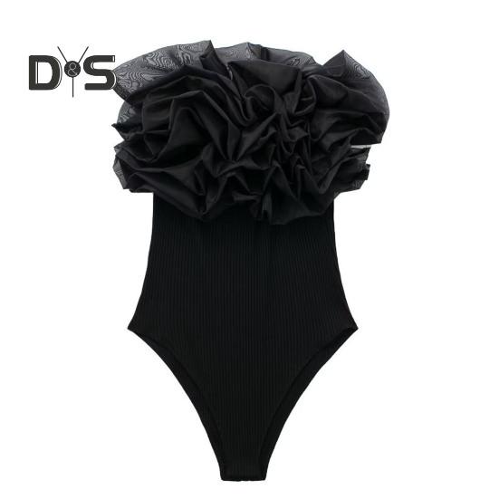 

Женский комбинезон с открытыми плечами в рубчик, вязаный комбинезон с цветочным декором, обтягивающий комбинезон без рукавов, однотонный женский комбинезон L чёрный