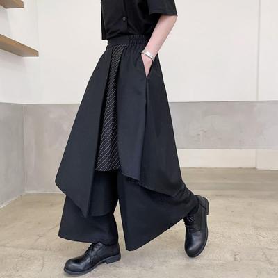 Spring/Autumn Casual Pants Women Unregular Dark Black  Wide Leg Pants Patchwork Striped Fashion Trousers