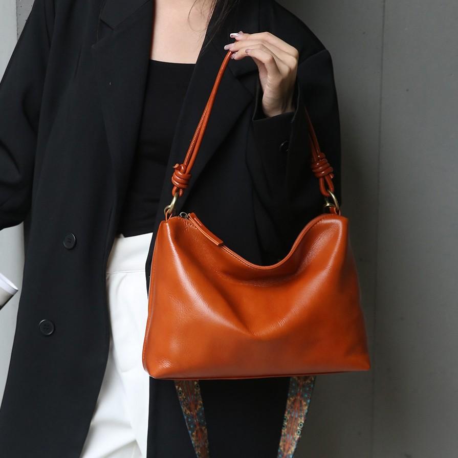 Genuine leather women's bag Korean version versatile first layer cowhide women's underarm wide shoulder strap single shoulder soft leather bucket bag