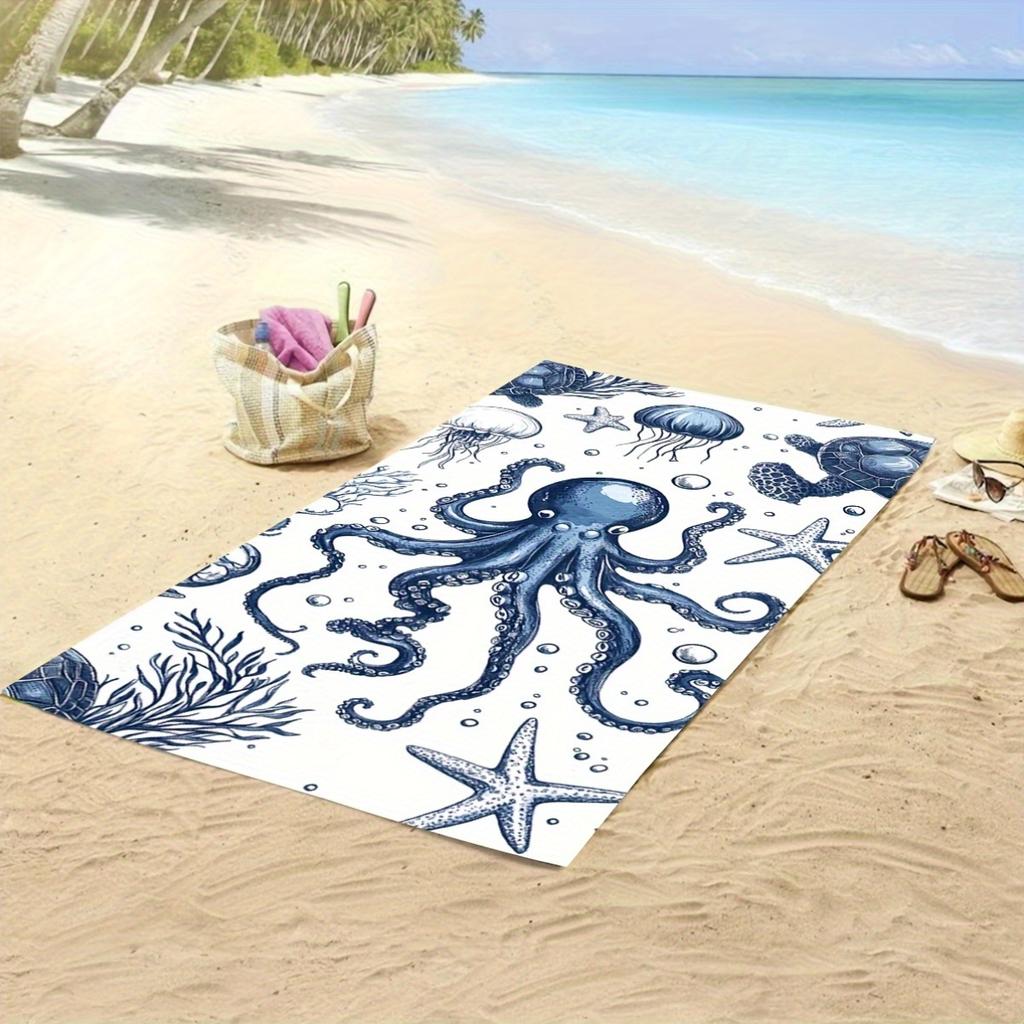 1pc Sea Life Octopus Beach Towel - Polyester fabric, machine washable, perfect for the beach, pool