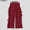 INCERUN Autumn Men Casual Loose Zip-up Elastic Waist Ruffled Wide Legs Pants Trousers