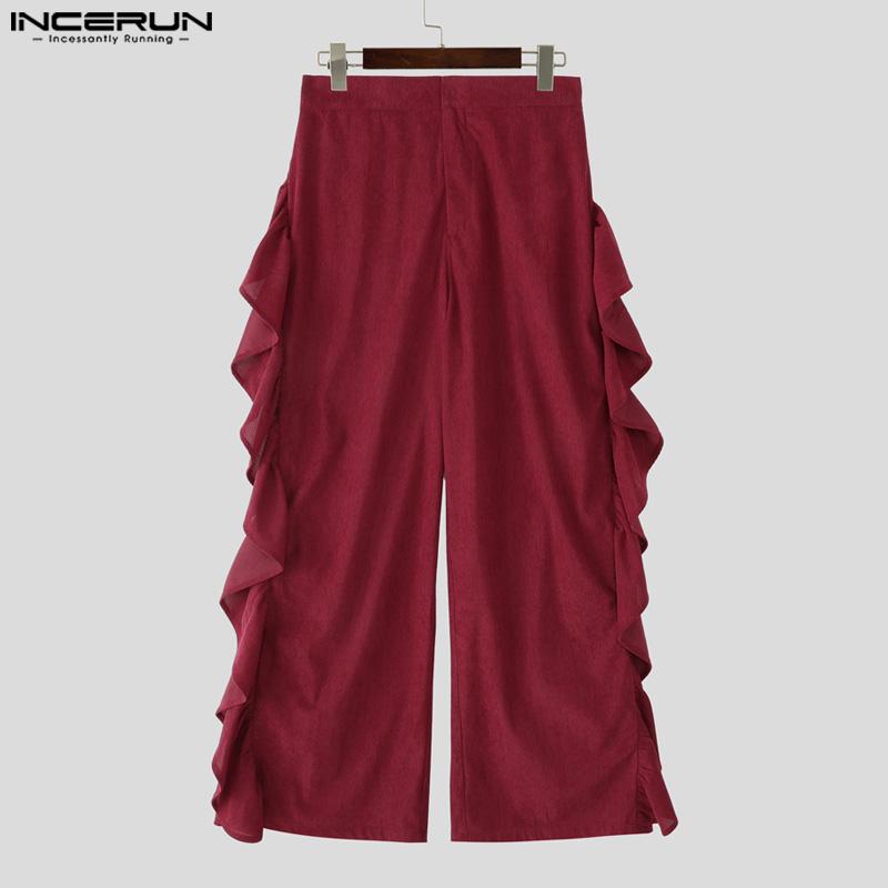 INCERUN Autumn Men Casual Loose Zip-up Elastic Waist Ruffled Wide Legs Pants Trousers
