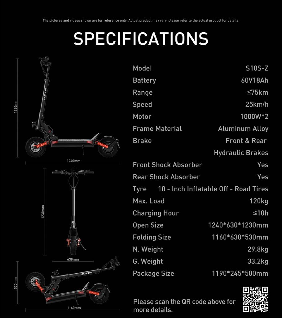 JOYOR S10-S-Z Electric Scooter 60V 18Ah Battery, 2*1000W Motors, 10” Tire, 65km/h Max Speed, 70-85km Range Adult Escooter