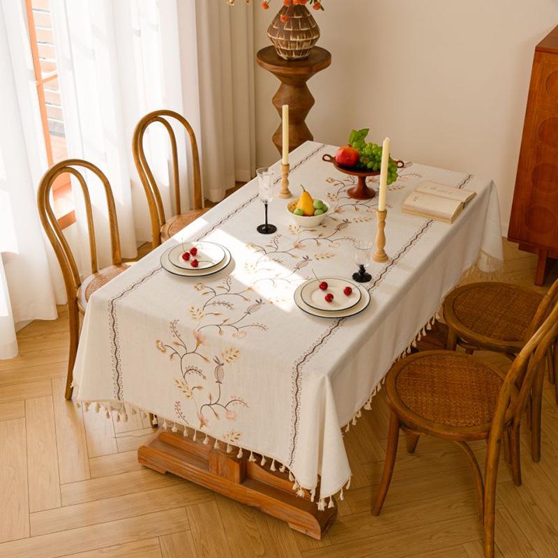 Ying Cross-Border Cotton Linen Embroidered Tablecloth, French Retro American Style, Rectangular.
