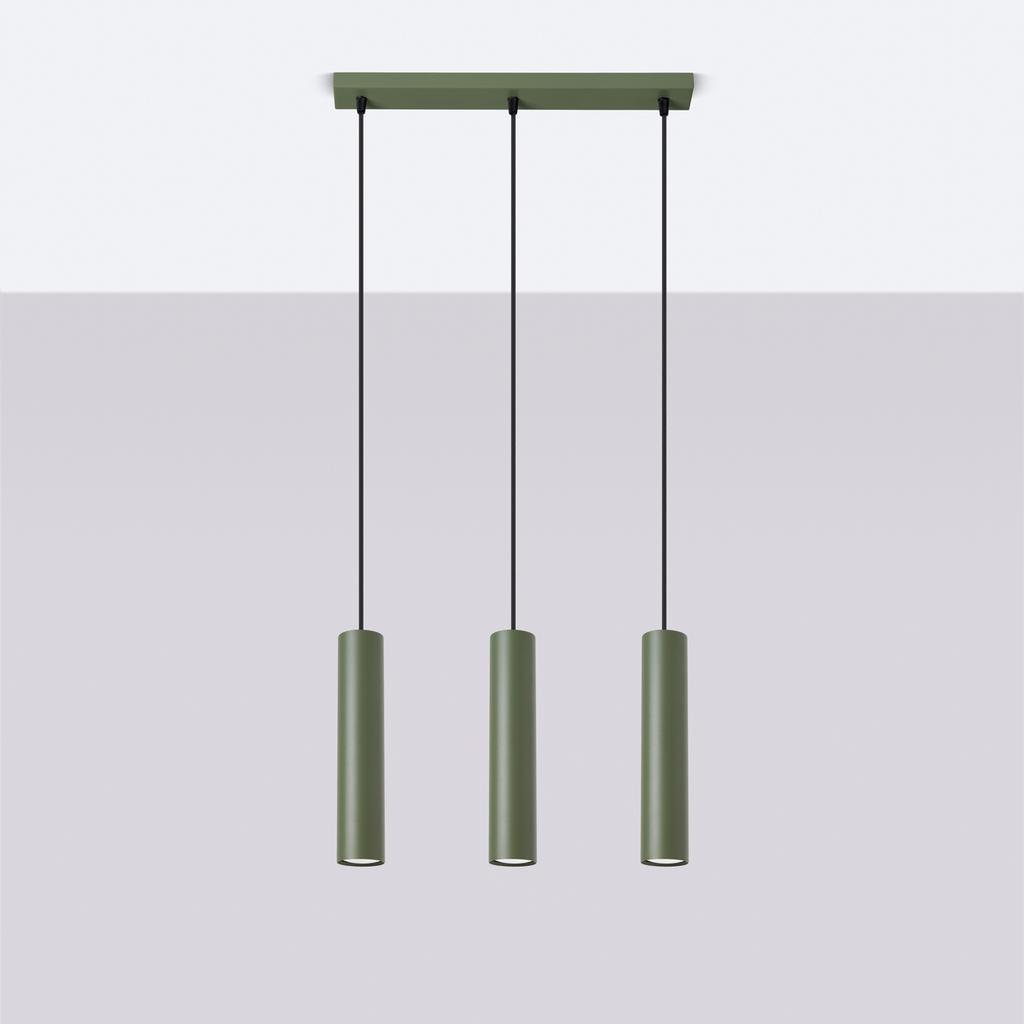 Lampa Wisząca Nowoczesna Zielona Oliwkowa Listwa Trzy Tuby 30 Cm Do Jadalni Kuchni Nad Wyspę 3Xgu10 10W Lagos Sollux Lighting