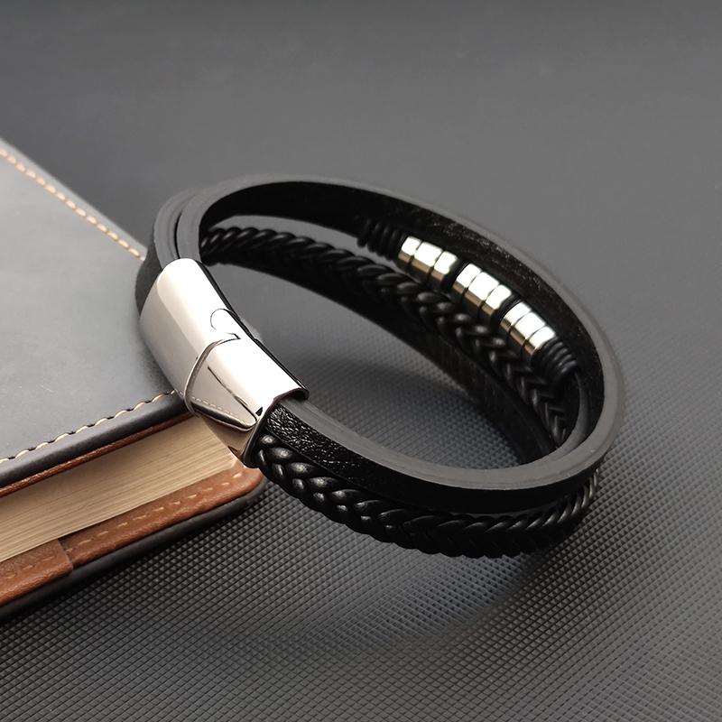 Leather Bracelet Men Jewelry Stainless Steel Magnet Buckle Multi-layer Braided Rope Beading Bracelet Fashion Charm Jewelry