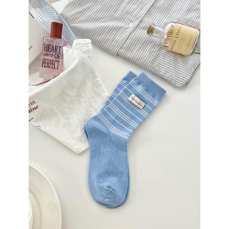Ladies Spring Pinstripe Cloth Logo Preppy Style Boneless Long Tube Pile Socks