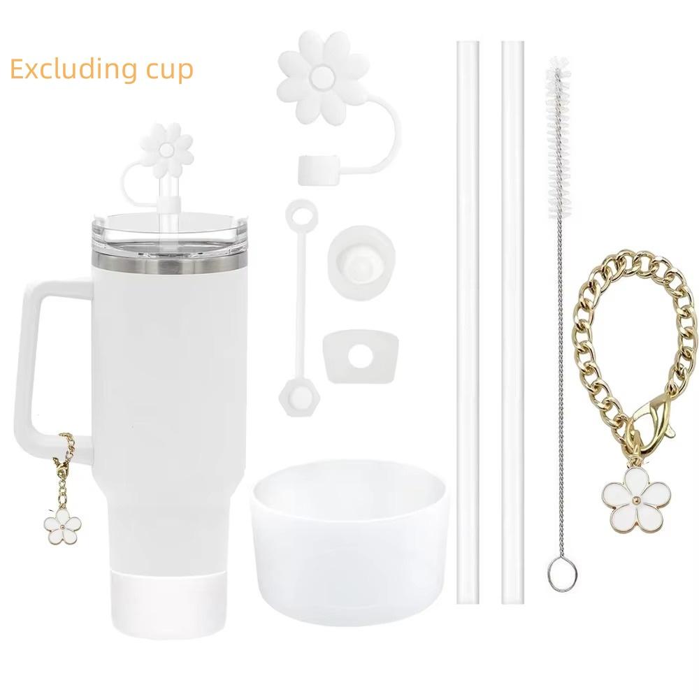 9pcs Accessories Set 2 Straw and Brush 3 Spill Proof Stopper Flowers Straw Cover Boot and 1 Flower Charm Chain for Stanley Cup