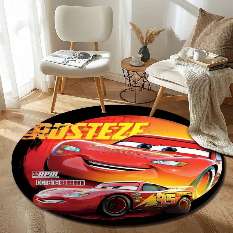 Lightning McQueen Cars Racing on Rust-eze RPM Livery Round Rug, Red Racing Cartoon Style Design, Piston Cup, Soft Non-Slip Washable Area Mat