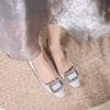 Classic Rhinestone Square Buckle Thick Heel Single Shoes Women's Satin Silk Low Heel Flats Temperament Sheepskin