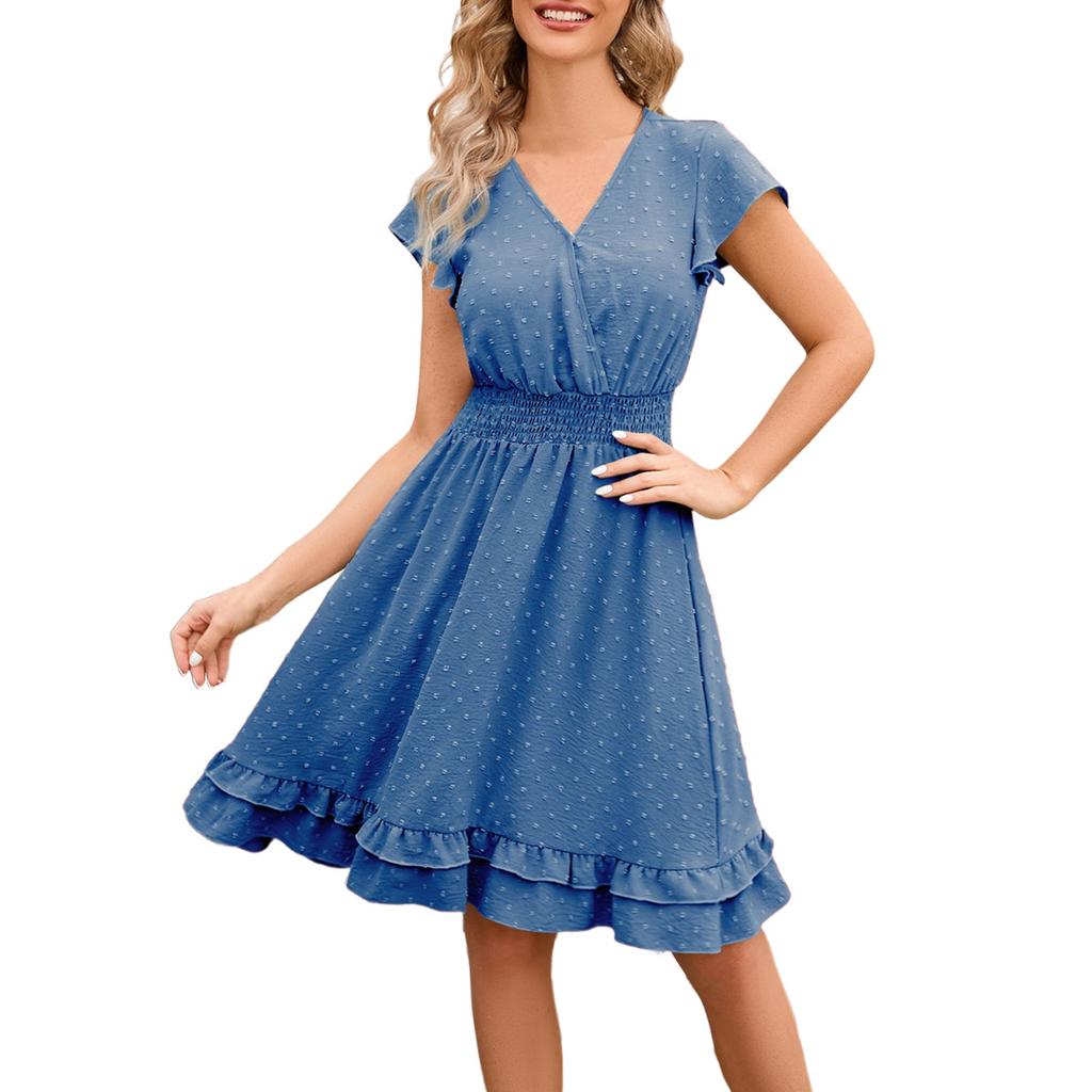 Women's Casual Solid Color Waist Cinched V-neck Dress