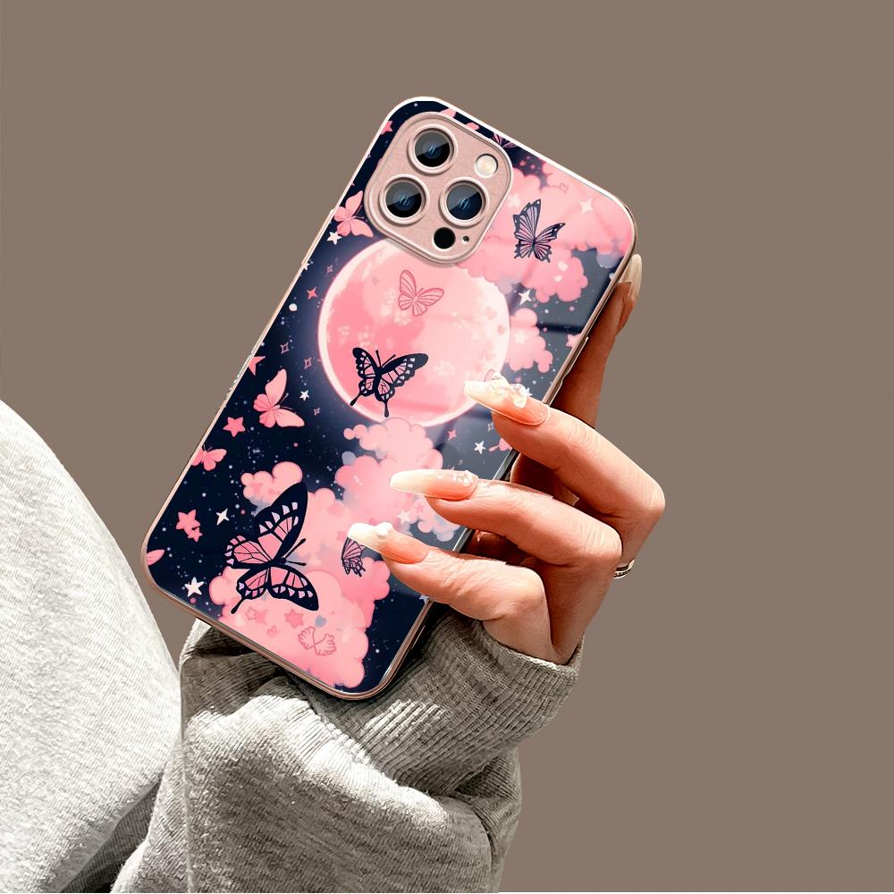 Shining Butterfly Phone Case Metallic Lacquer Tempered Glass Shockproof Cover for iPhone Samsung Huawei Honor Xiaomi Redmi OPPO Realme OnePlus Vivo