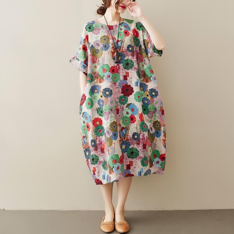 

Summer Flower Printed Cotton and Linen Dress Plus Size Women s Short-sleeved Round Neck Mid-length Floral Skirt one size