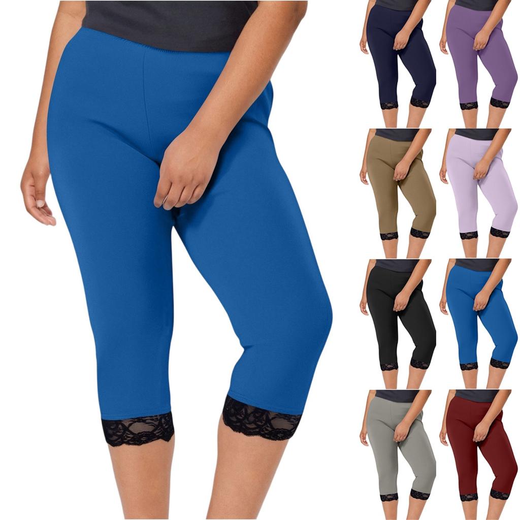 Women's Fashion Large Color Lace Splicing Bottom Pants With Elastic Waist Sports And Leisure Cropped Pants