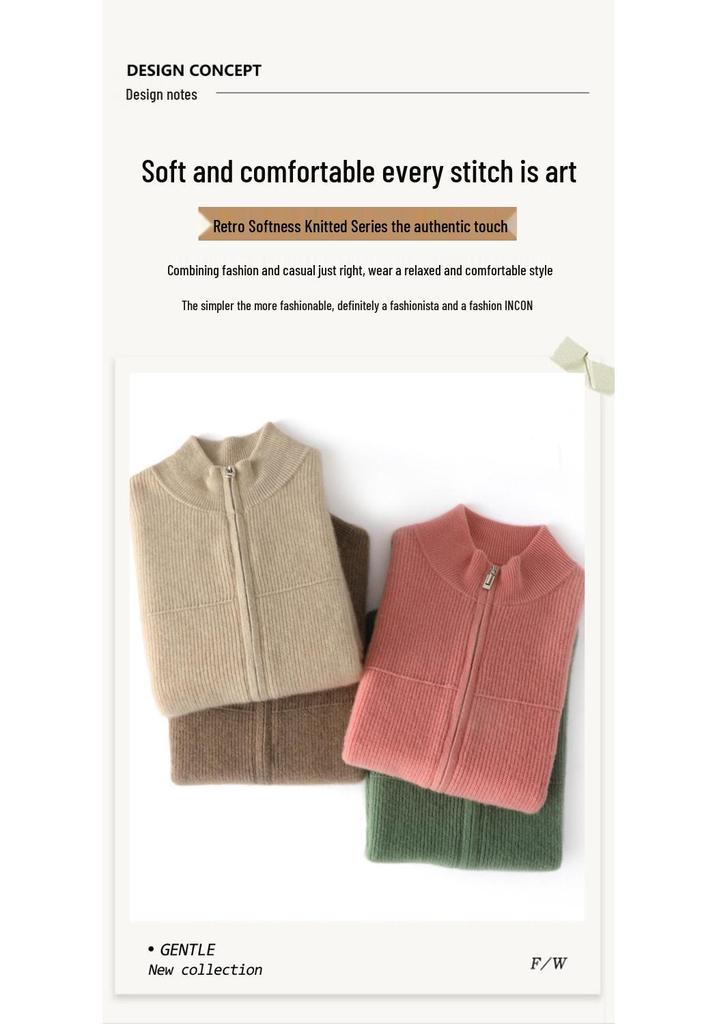 Heavyweight Stand Collar Wool Cardigan - Versatile Casual Solid Color for Autumn/Winter