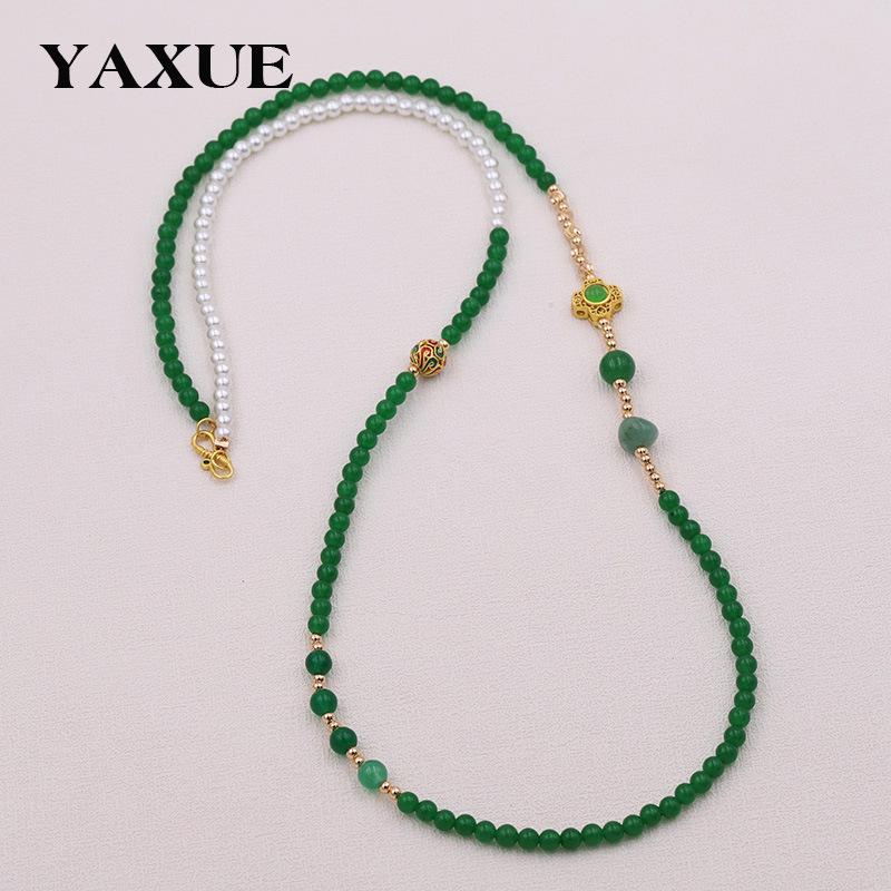 Elegant Green Chalcedony Long Necklace with Imitation Pearls - Chinese Style Luxury Jewelry for Women