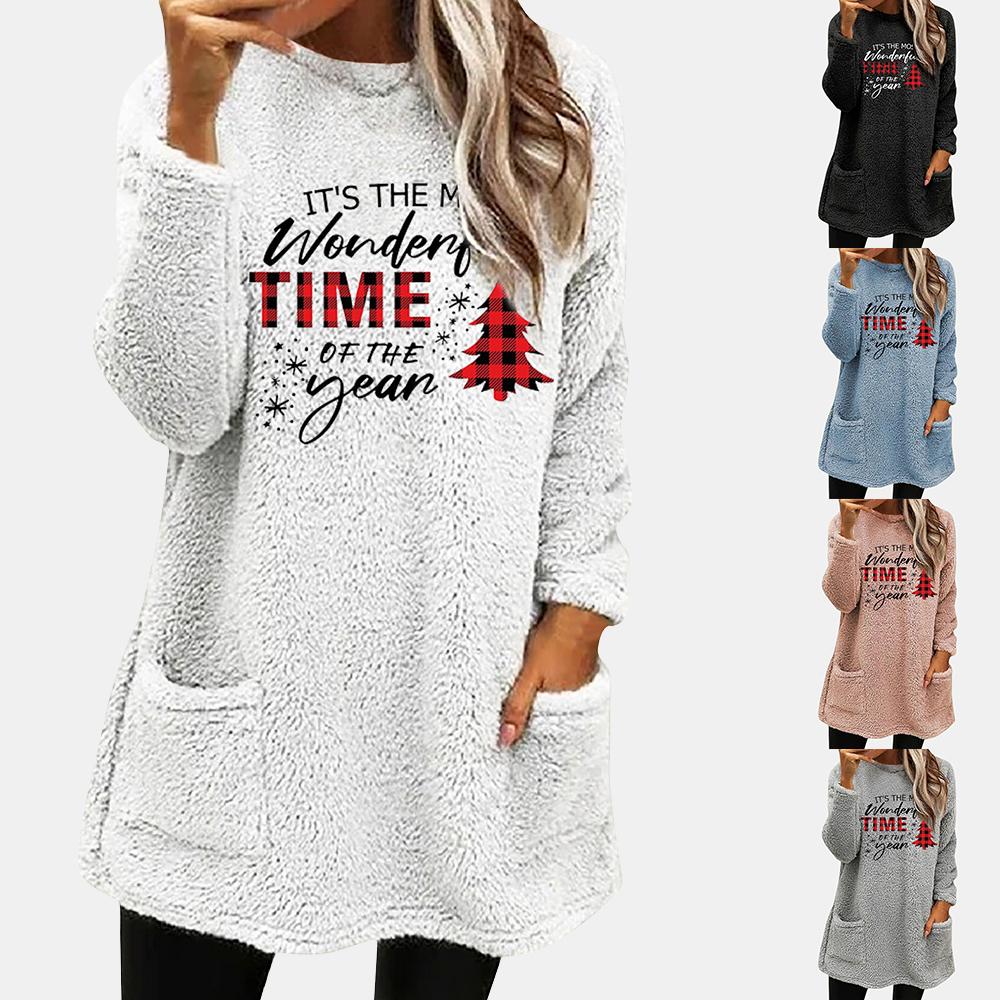 

Женская флисовая туника с рождественским принтом, топы, рубашка, женский пуловер с длинными рукавами, блузка