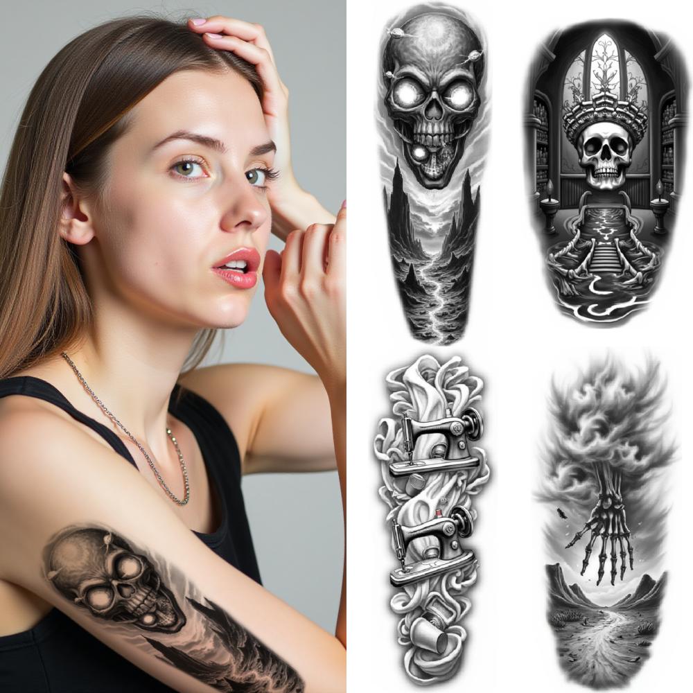 3pcs Temporary Tattoo Smoking Pipes And Skull Black And Grey Realism Skull With Ivy Dragon And Skates For Men Thighs Arms