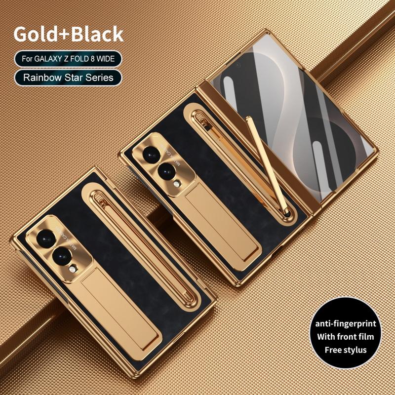Plating Leather Phone Case For Samsung Galaxy Z Fold 8 Wide 7 6 5 4 TriFold Luxury Hidden Bracket Cover with Pen Slot & S Pen Screen Protector Film