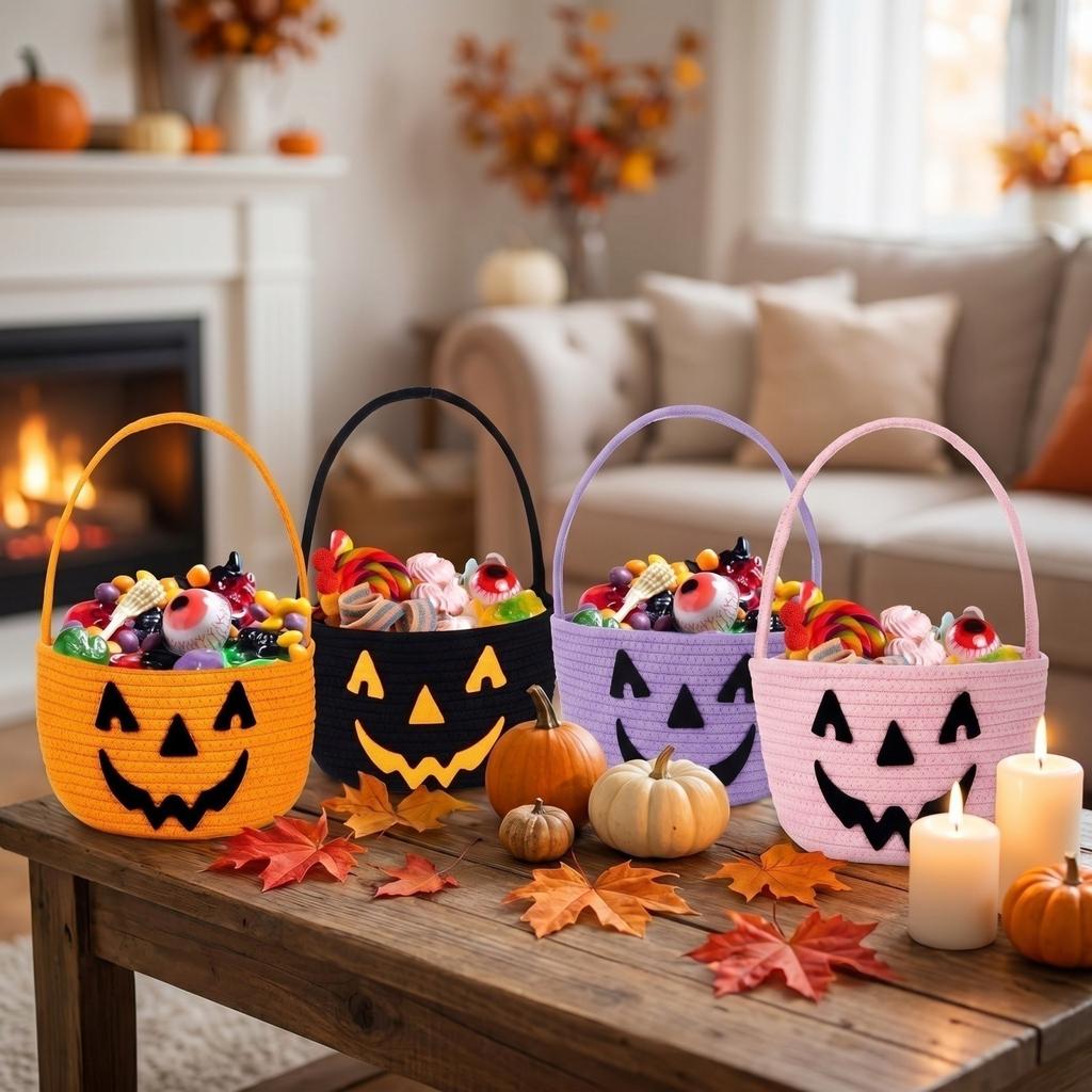 Halloween Storage Basket Handheld Candy Bag with Pumpkin Face Print for Snacks Treats and Decorative Use for Parties Events