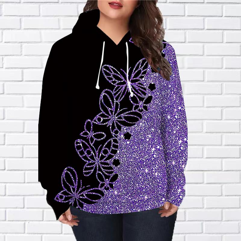 

Женская мода Фиолетовый сверкающий принт бабочки свободные толстовки топы блузка свитшот повседневный длинный рукав пуловер топы 8XL фиолетовый