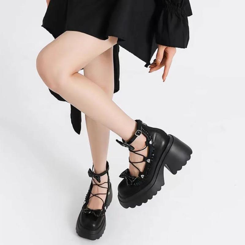 2025 Y2k Black Gothic Mary Janes Casual Pumps Chunky High Heels Goth Bow Tie Decor Lolita Platform Shoes Women