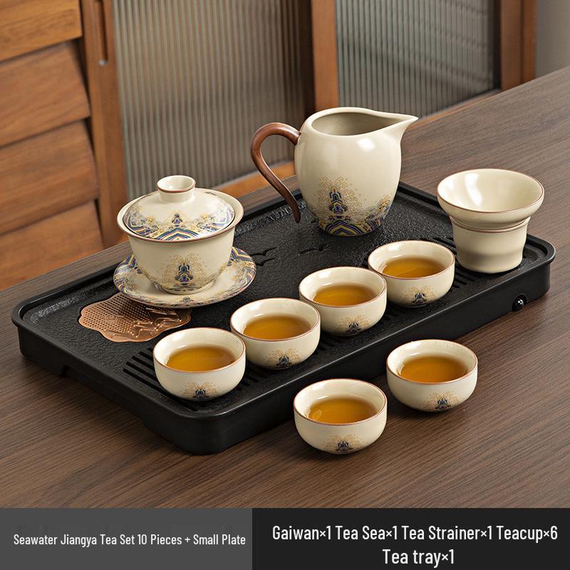 High-End Ru Kiln Ceramic Kung Fu Tea Set - Luxury Gaiwan Teapot, Tray, and Cups for Home.
