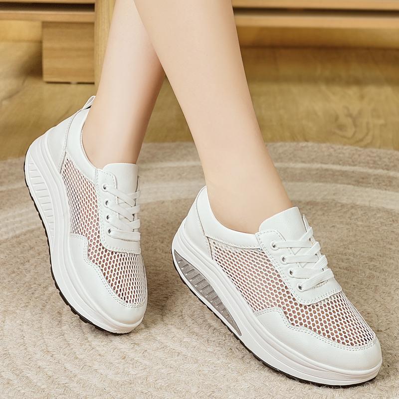 Women's Hole Sneakers Height Increase White Leather Platform Casual Summer Thick Sole Elevator Shake Shoes