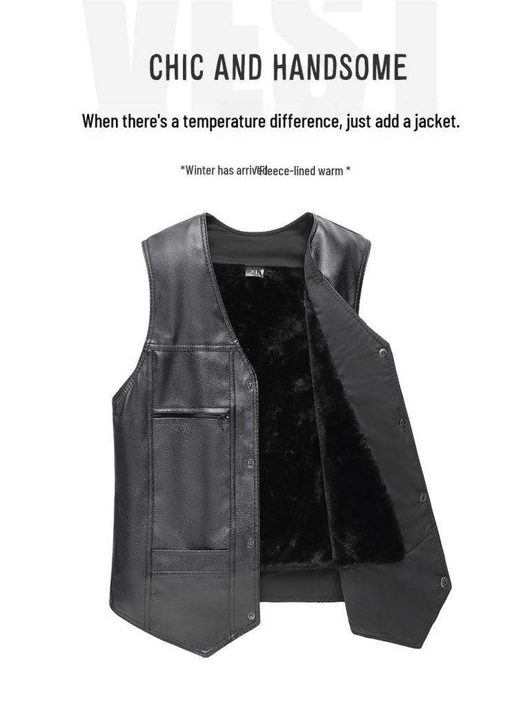 Men's Winter Leather Vest with Sloping Shoulder and Plus Velvet, Casual Warm Plus Size Waistcoat