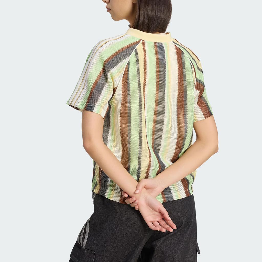 adidas Originals Lavorato a Maglia Luminoso Casual Delicato sulla Pelle a Strisce Manica Corta Scollo a V Maglia Top da Donna KY3162