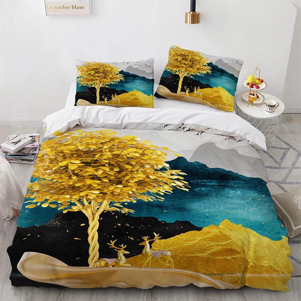 Cartoon Elk Duvet Cover King Queen Size Golden Deer Pattern Bedding Set for Teens Adults Wild Buck Quilt Cover with Pillowcase
