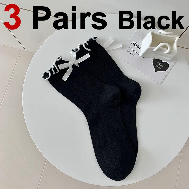

3 пары женских носков средней длины с бантом-бабочкой в стиле Лолиты в стиле Jk, с плиссированным краем, впитывающие пот, дышащие, мягкие, удобные, повседневные носки One Size