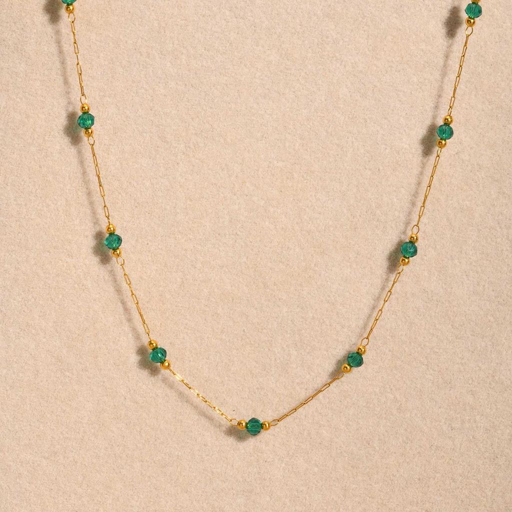Necklace for Stainless 18K Gold Crystal [Rockyu] Women, Steel, Plated, Green, Black, Beads, Chain, 45-50cm (black)