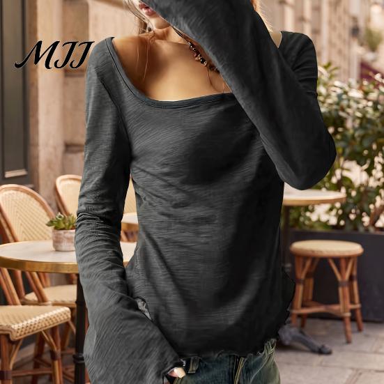 Quadratkragen Bluse Damen Bluse, Rüschenmanschetten Saum Glockenärmel Oberteil, Tägliche Oberteile Atmungsaktiv Unifarben Lässiges Hemd für den frühen Herbst