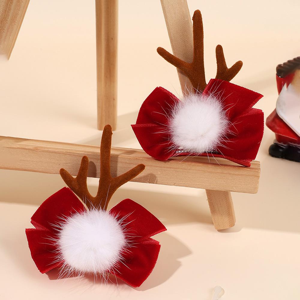 2Pcs Christmas Reindeer Antlers Hair Clips Red Velvet Bow With Fluffy Pom Pom Hairpins For Girls Kids New Year Hair Accessories
