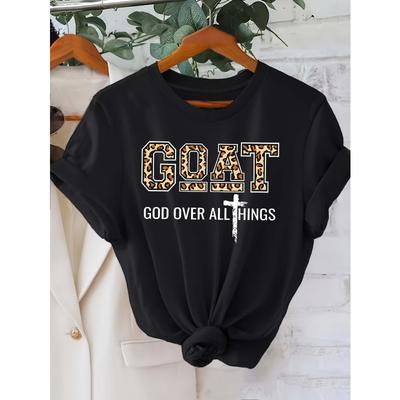 European Size Women's Black Goat Pattern Round Neck-godthings Letter Print with Leopard Embellishment Casual Autumn and Winter Full Seasonal Pullover