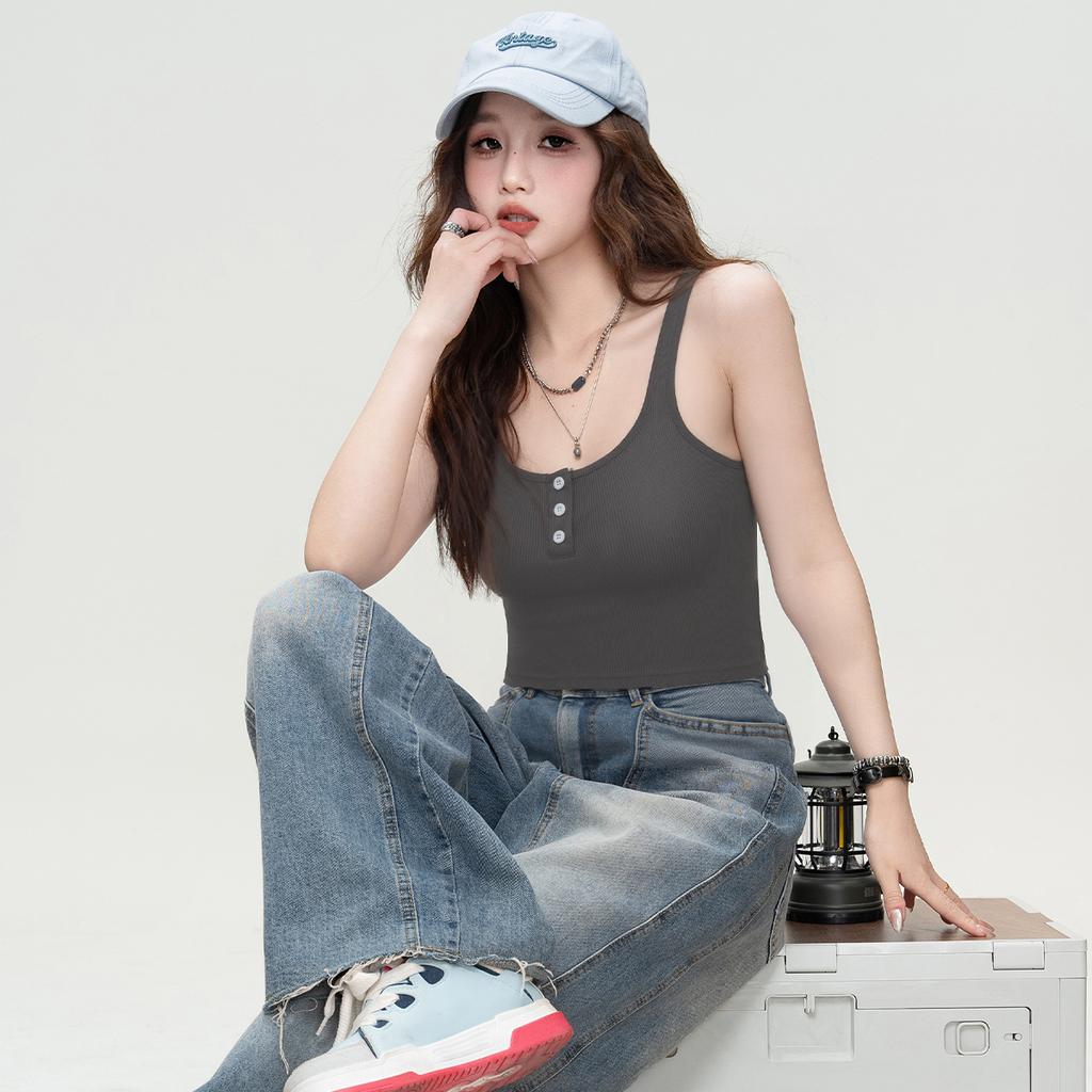 Summer Solid Color Vest, Camisole, Button, Slim Fit, Sexy Interior, Breathable Casual Pullover Top