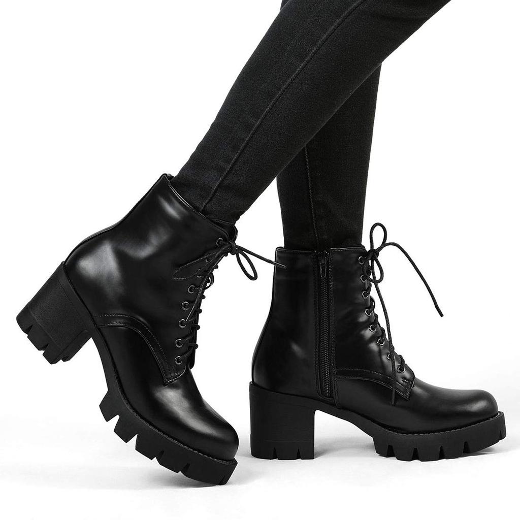 Allegra K Women's Lace-Up Combat Boots with Chunky Heel and Platform, Black, Size 24.5cm