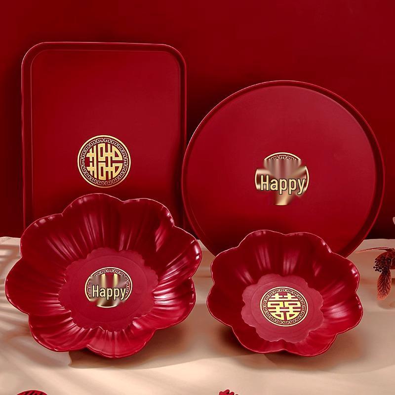Red Double Happiness Wedding Tray – Festive Fruit & Candy Plate for Banquets