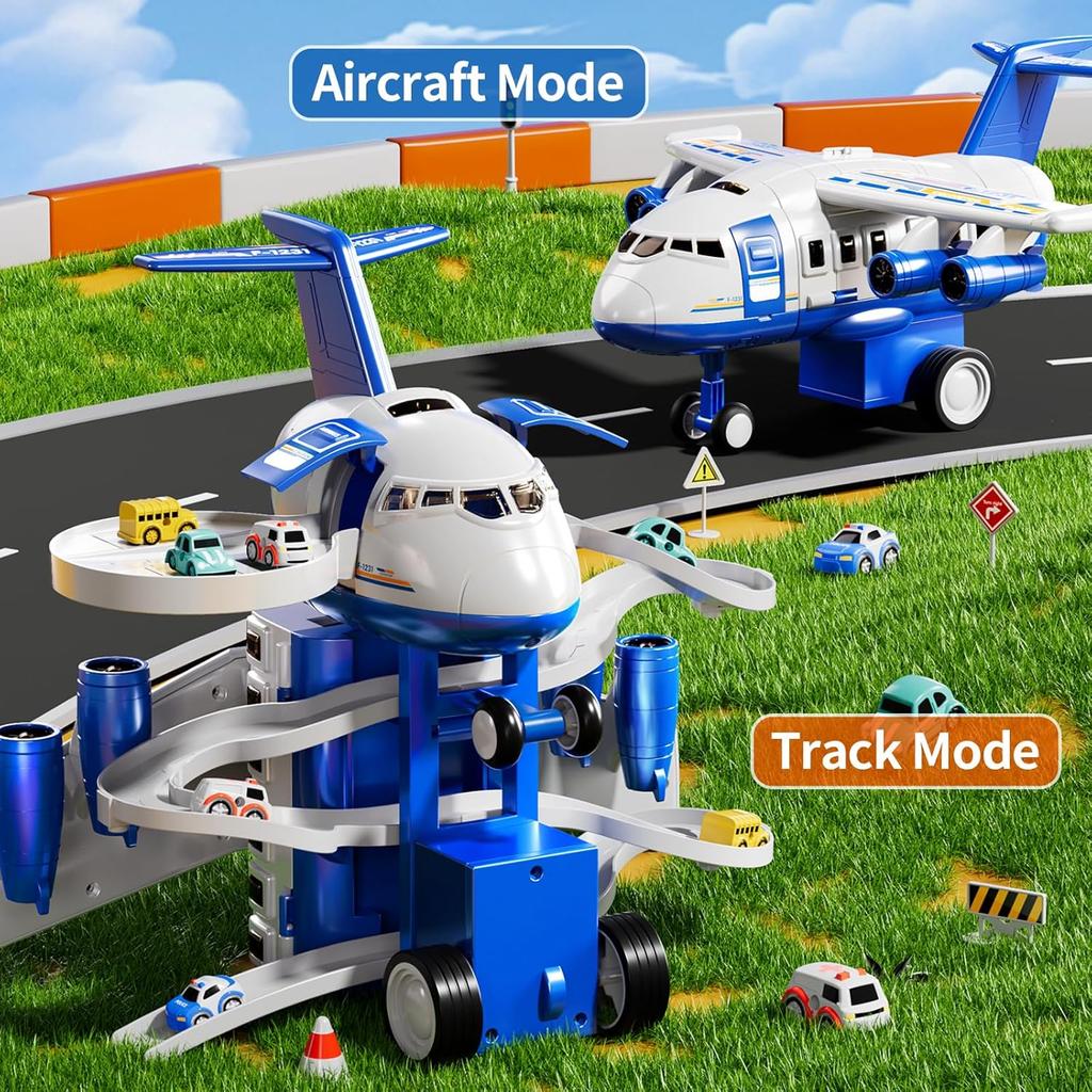 Kids Airplane Toy Racing Tracks Toy for Kids 3 4 5 6 7 Boys - Toy Airplane Small with 8 Car Toy, Garage Parking Lot, Car Carpet for Kids Playmat,