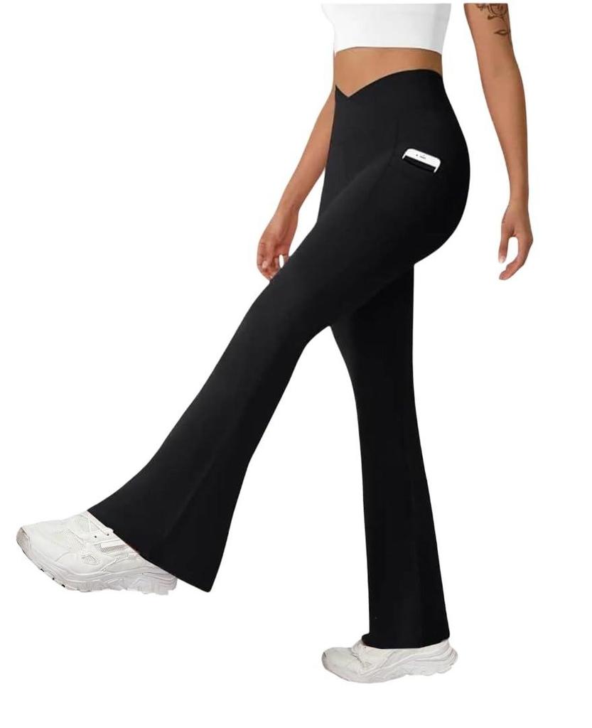 Damen Crossover High Waist Schlaghose mit Handytasche, Komfort-Passform, Sporthose, Fitness-Tights