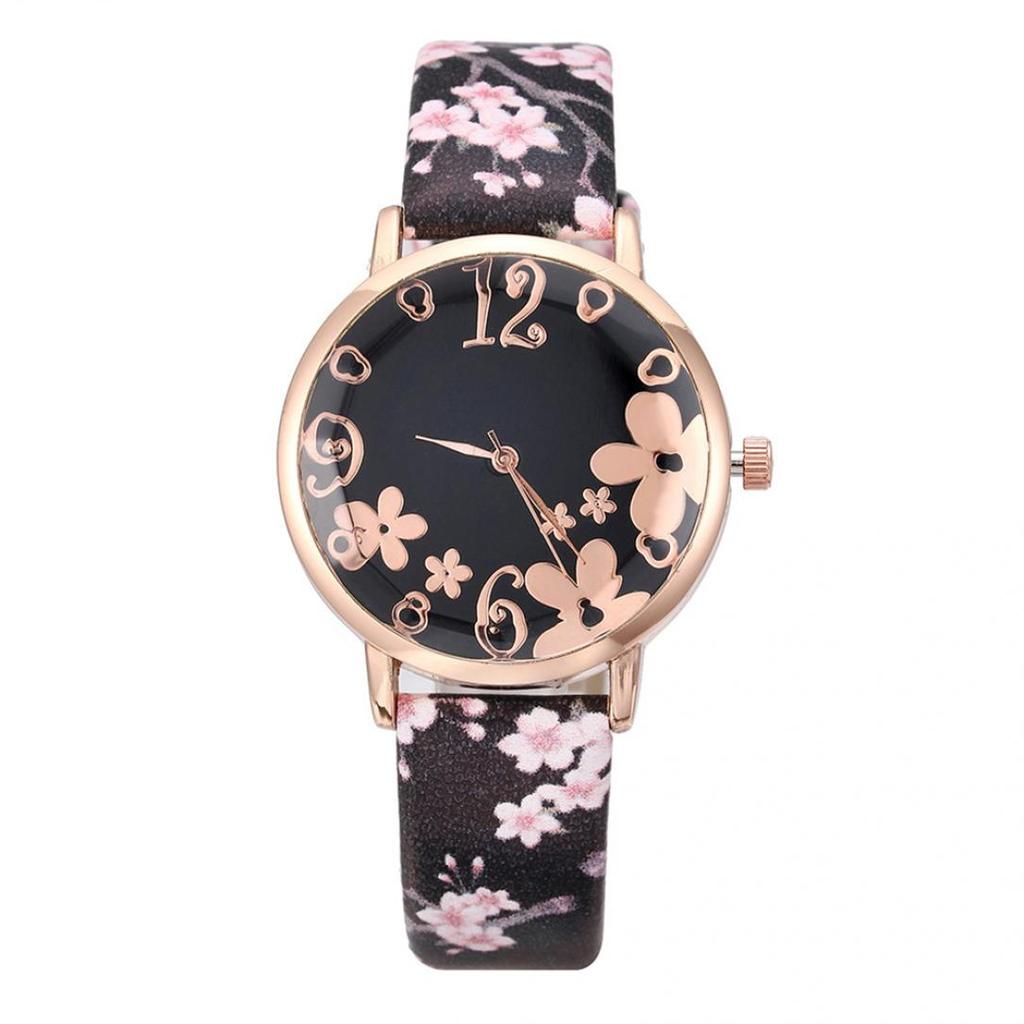 Orologio al quarzo da donna con cinturino in pelle analogico con quadrante rotondo floreale creativo