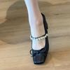 Fashion Women's Chunky Single Shoes Spring New Square Head Shallow Mouth Butterfly Knot Rhinobarrhinos with A Line with Mid-heel Shoes